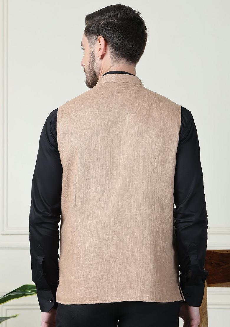 Beige Hand Embroidered Linen Nehru Jackets For Men