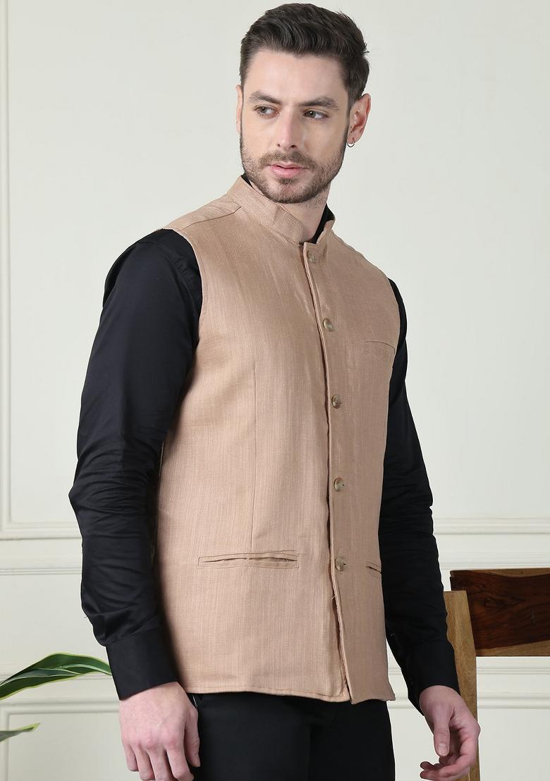 Beige Hand Embroidered Linen Nehru Jackets For Men