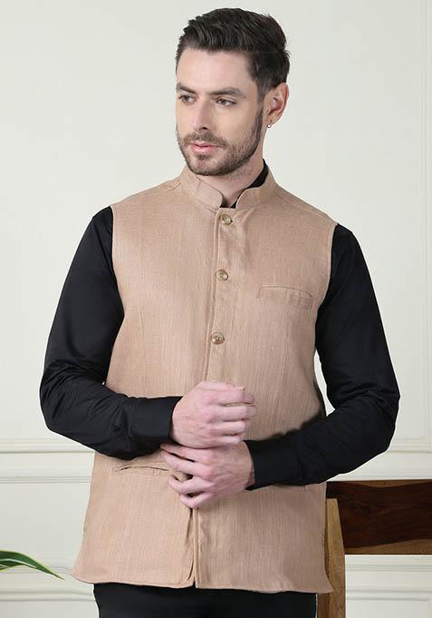 Beige Hand Embroidered Linen Nehru Jackets For Men