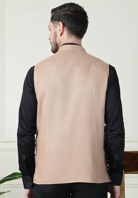 Beige Hand Embroidered Linen Nehru Jackets For Men