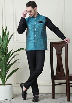 Blue Hand Embroidered Art Silk Nehru Jackets For Men