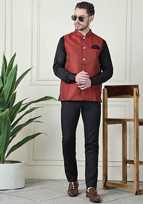 Maroon Hand Embroidered Art Silk Nehru Jackets For Men