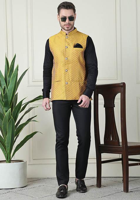 Yellow Hand Embroidered Art Silk Nehru Jackets For Men — view on Indya
