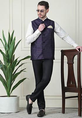 Blue Checked Art Silk Nehru Jackets For Men