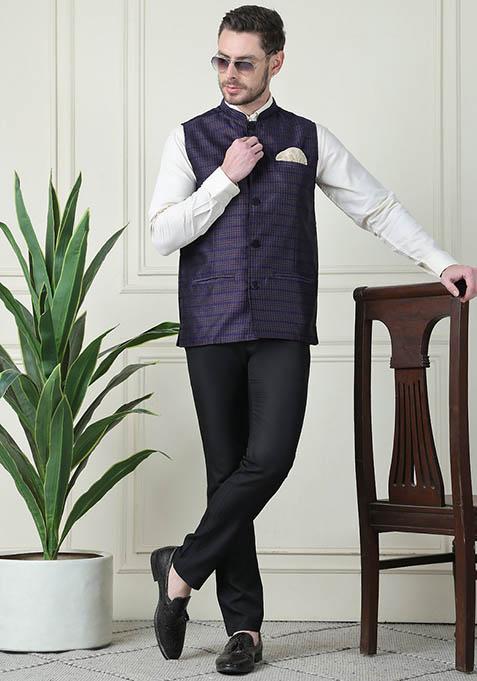 Blue Checked Art Silk Nehru Jackets For Men