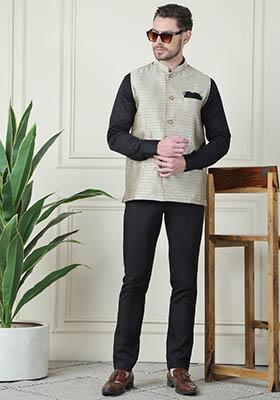Beige Hand Embroidered Art Silk Nehru Jackets For Men