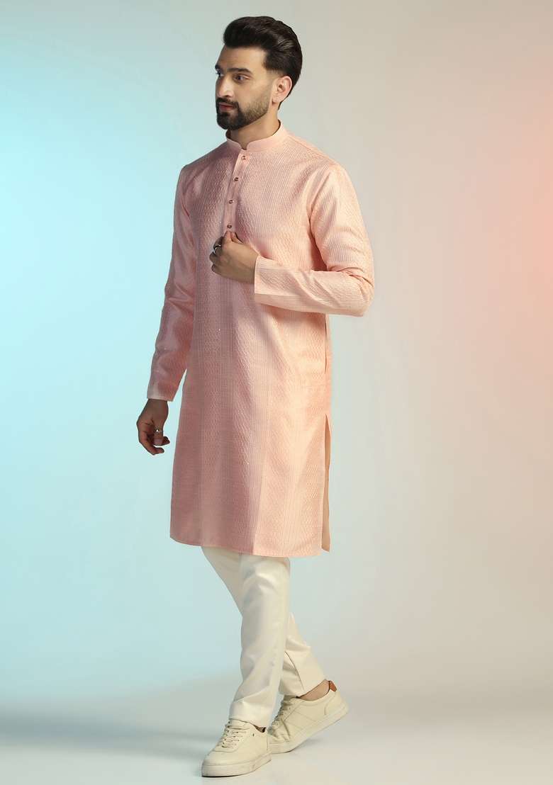 Pink Embroidered Cotton Kurta For Men - Indya