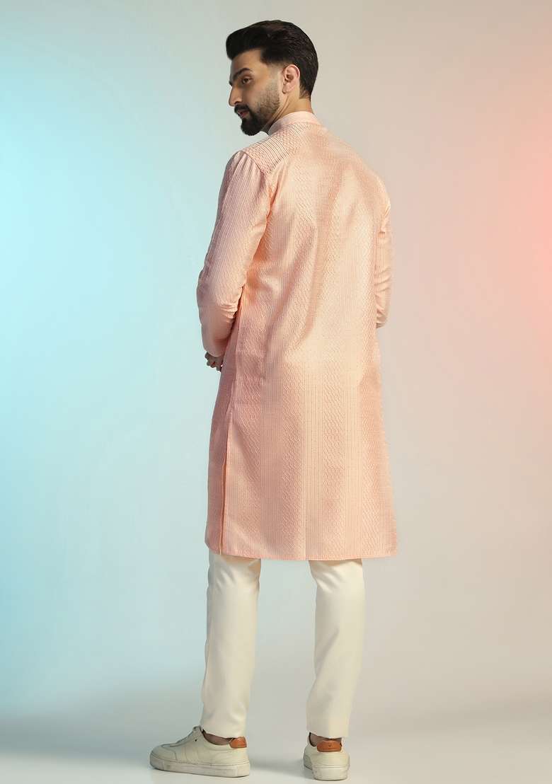 Pink Embroidered Cotton Kurta For Men - Indya