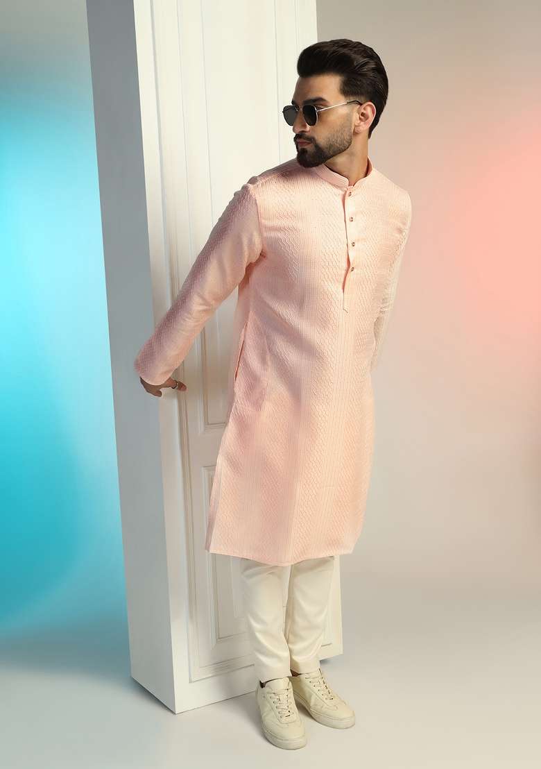 Pink Embroidered Cotton Kurta For Men - Indya