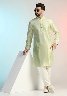 Green Embroidered Cotton Kurta For Men