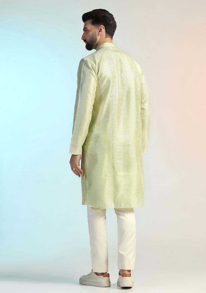 Green Embroidered Cotton Kurta For Men