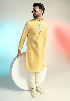 Yellow Embroidered Cotton Kurta For Men