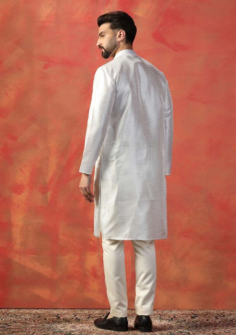 White Embroidered Cotton Kurta For Men - Indya