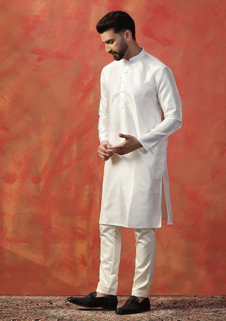 White Embroidered Cotton Kurta For Men - Indya