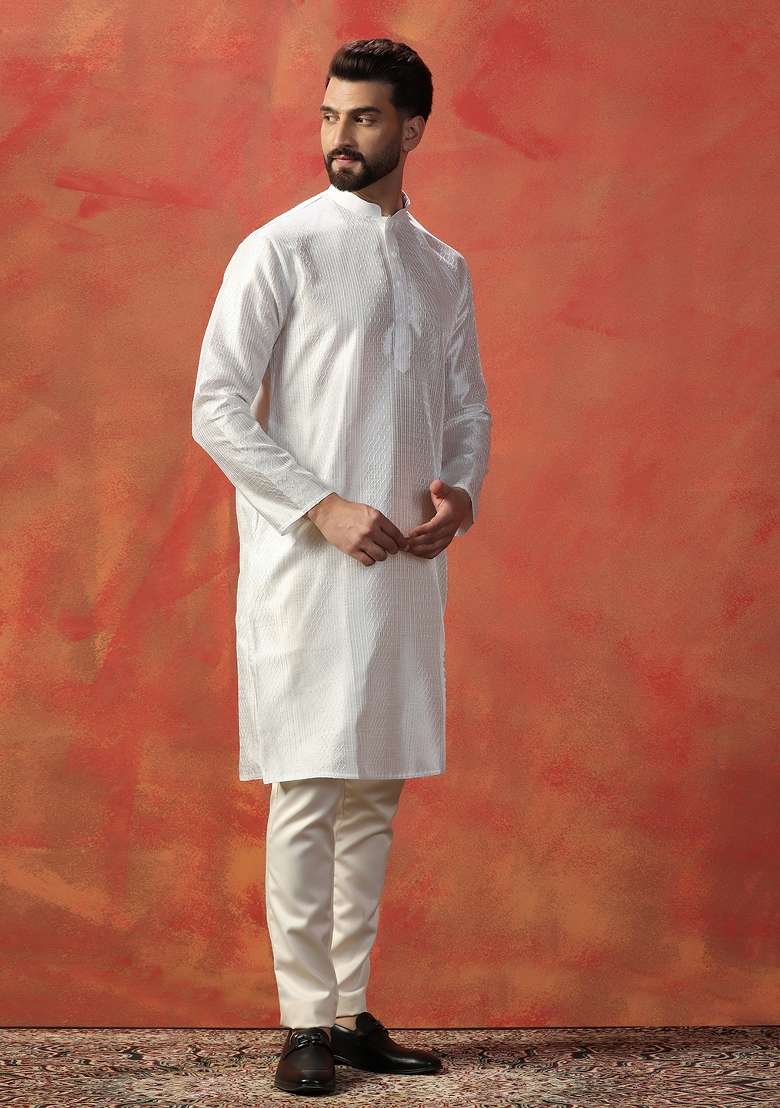 White Embroidered Cotton Kurta For Men - Indya