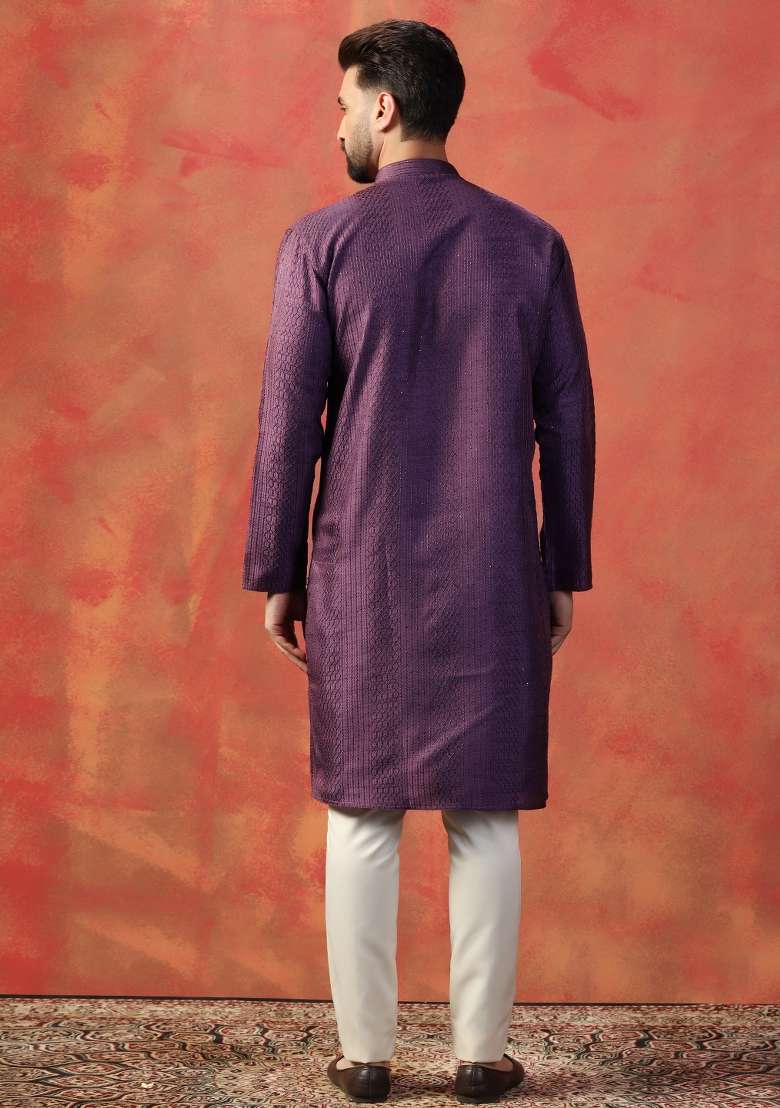 Purple Embroidered Cotton Kurta For Men - Indya