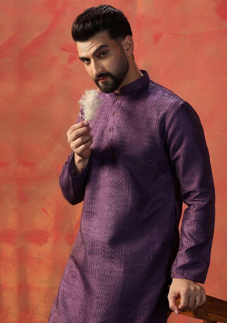 Purple Embroidered Cotton Kurta For Men - Indya