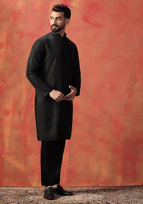 Black Embroidered Cotton Kurta For Men