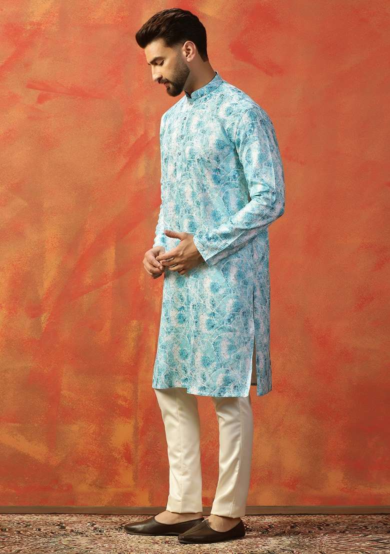 Blue Embroidered Cotton Kurta For Men - Indya