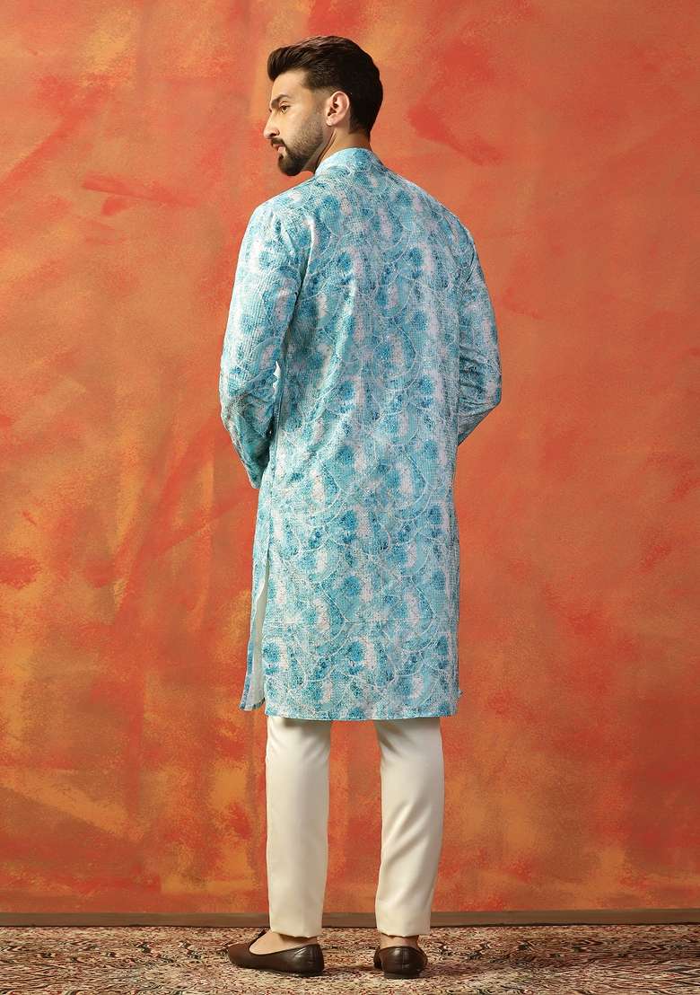 Blue Embroidered Cotton Kurta For Men - Indya