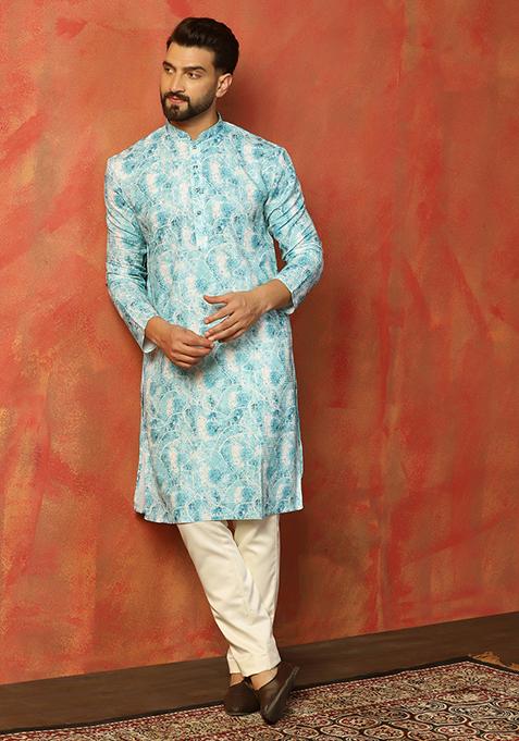 Blue Embroidered Cotton Kurta For Men