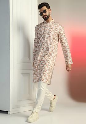 Multi Embroidered Cotton Kurta For Men