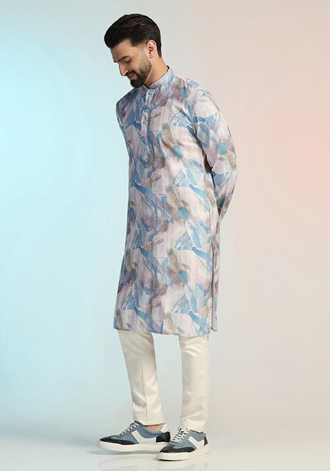 Blue Embroidered Cotton Kurta For Men