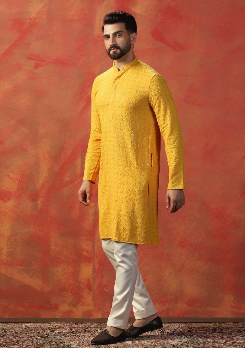 Yellow Embroidered Cotton Kurta For Men - Indya
