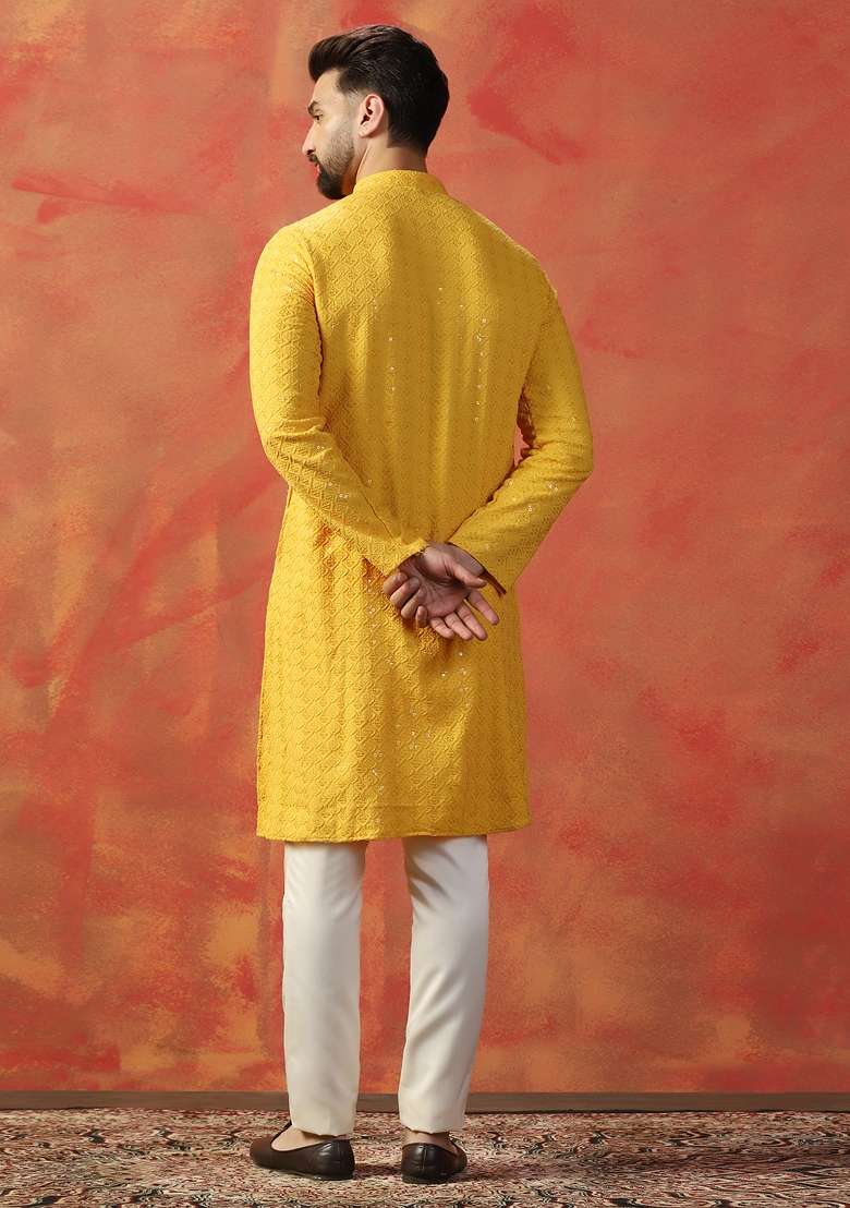 Yellow Embroidered Cotton Kurta For Men - Indya