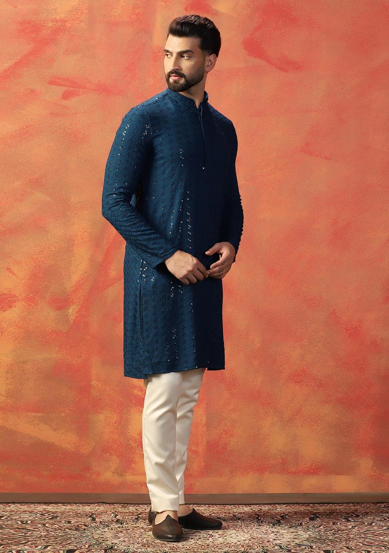 Blue Embroidered Cotton Kurta For Men