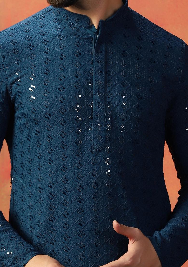 Blue Embroidered Cotton Kurta For Men