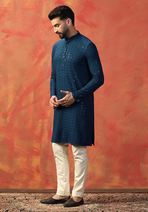 Blue Embroidered Cotton Kurta For Men