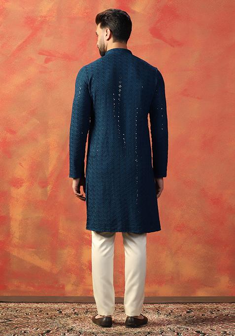 Blue Embroidered Cotton Kurta For Men