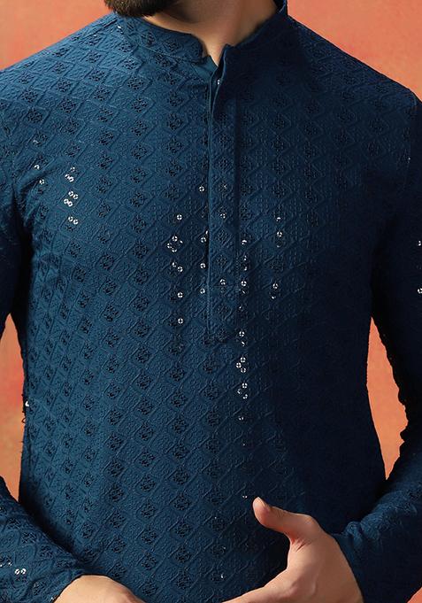 Blue Embroidered Cotton Kurta For Men