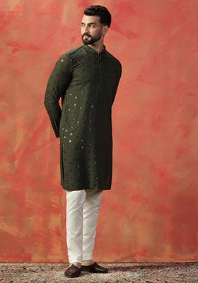 Green Embroidered Cotton Kurta For Men