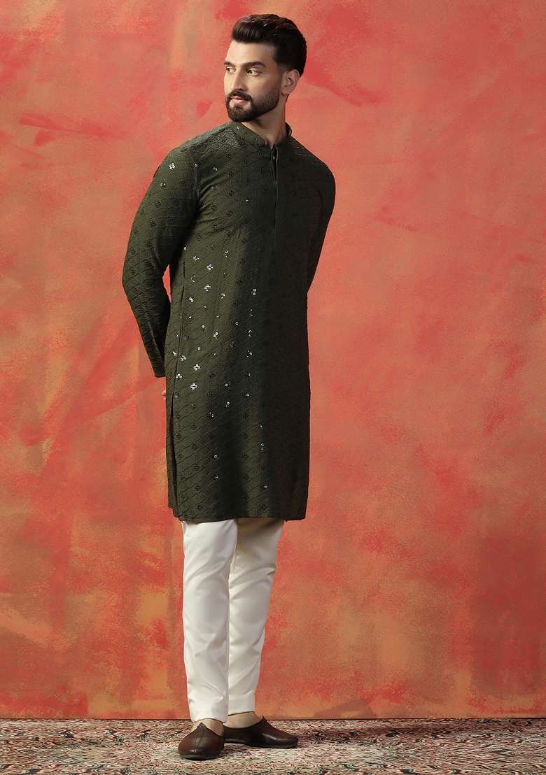 Green Embroidered Cotton Kurta For Men - Indya