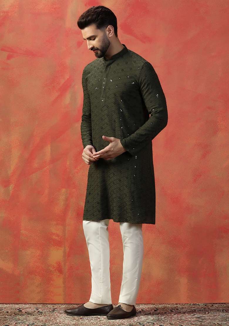 Green Embroidered Cotton Kurta For Men - Indya