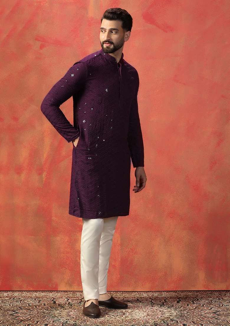 Purple Embroidered Cotton Kurta For Men - Indya