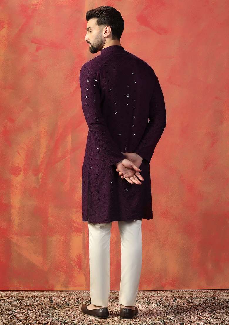Purple Embroidered Cotton Kurta For Men - Indya