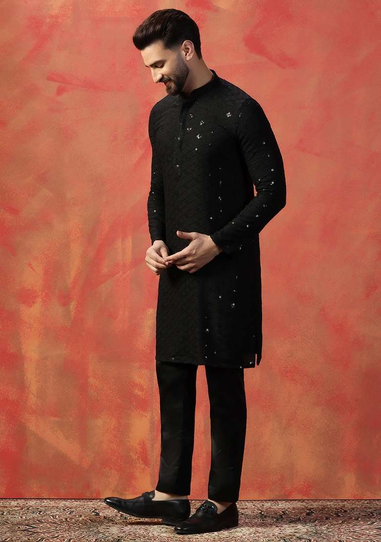 Black Embroidered Cotton Kurta For Men - Indya