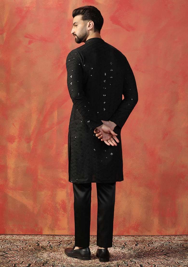 Black Embroidered Cotton Kurta For Men - Indya