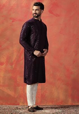Purple Embroidered Cotton Kurta For Men