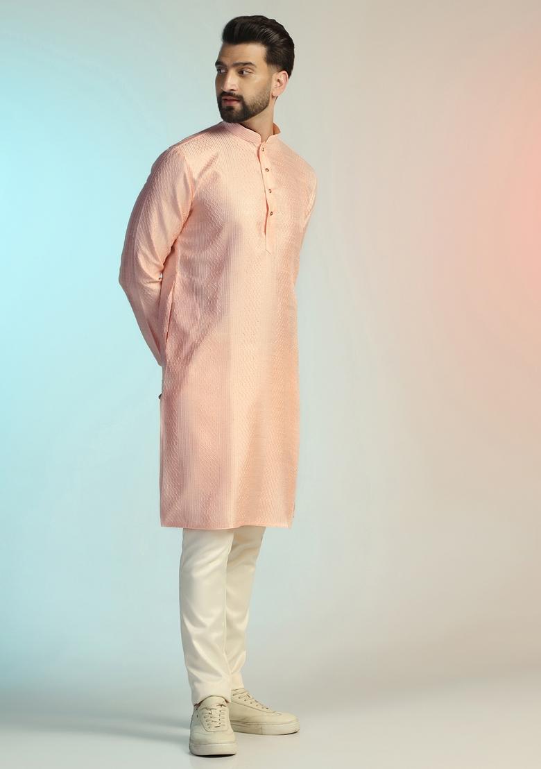 Pink Embroidered Silk Kurta Set For Men