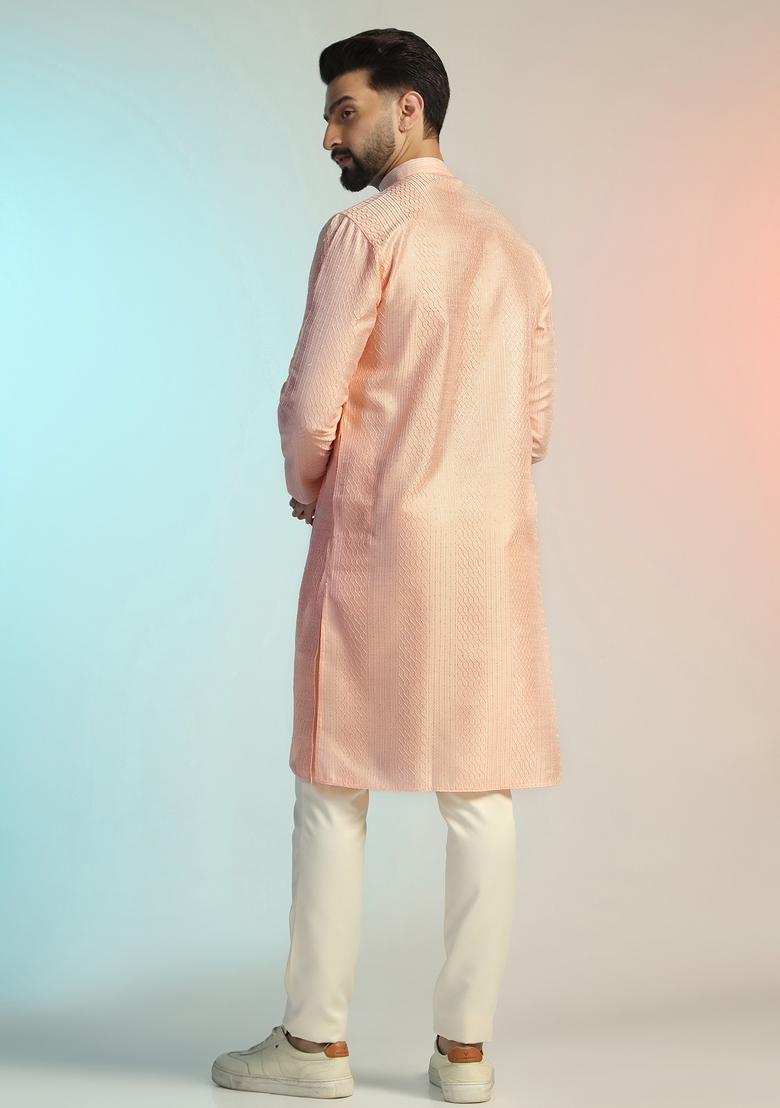 Pink Embroidered Silk Kurta Set For Men