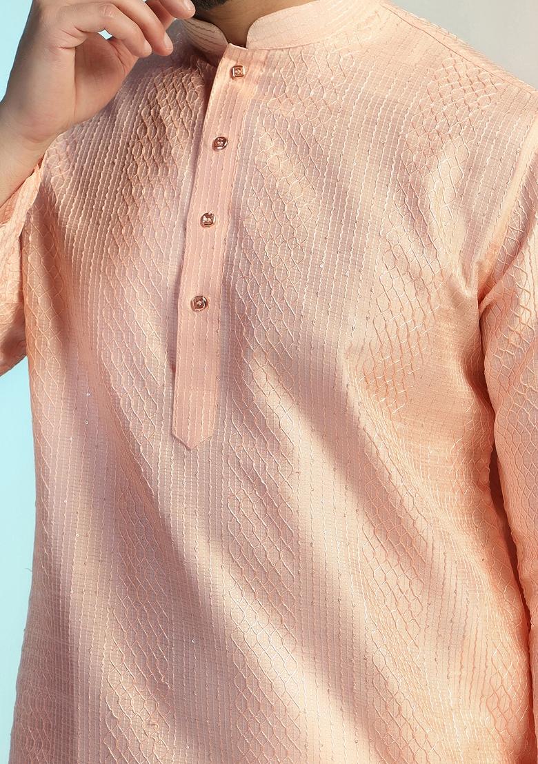 Pink Embroidered Silk Kurta Set For Men