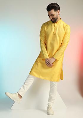 Yellow Embroidered Silk Kurta Set For Men