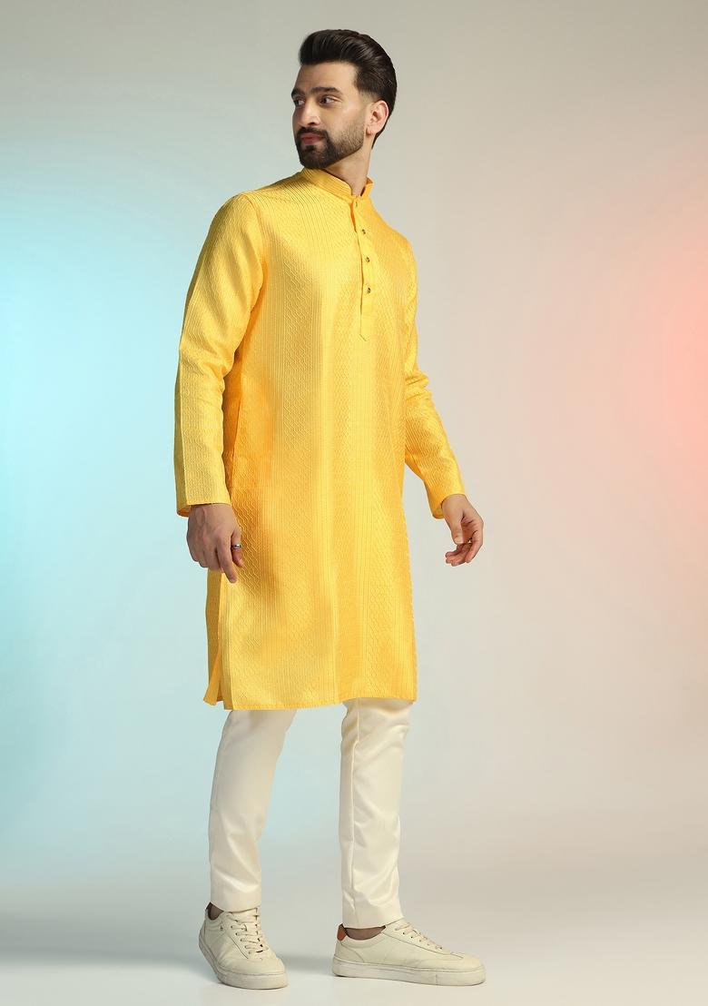 Yellow Embroidered Silk Kurta Set For Men