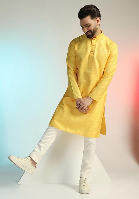 Yellow Embroidered Silk Kurta Set For Men