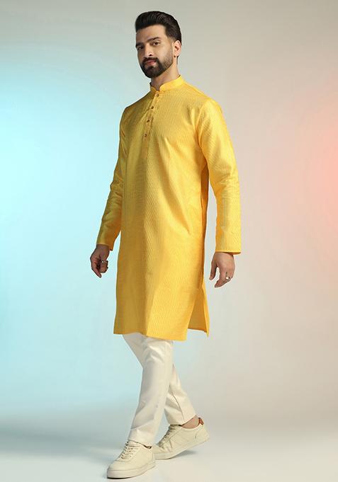 Yellow Embroidered Silk Kurta Set For Men