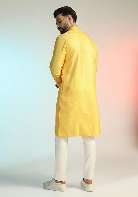 Yellow Embroidered Silk Kurta Set For Men